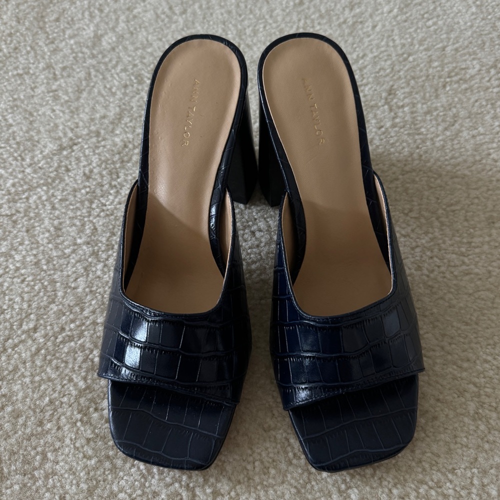 Embossed Leather Block Heel Mule Sandals Ann Taylor
